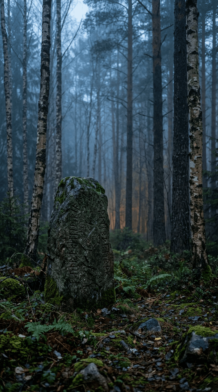 Misty Nordic forest at dawn, the landscape of Norse runes and ancestral folklore